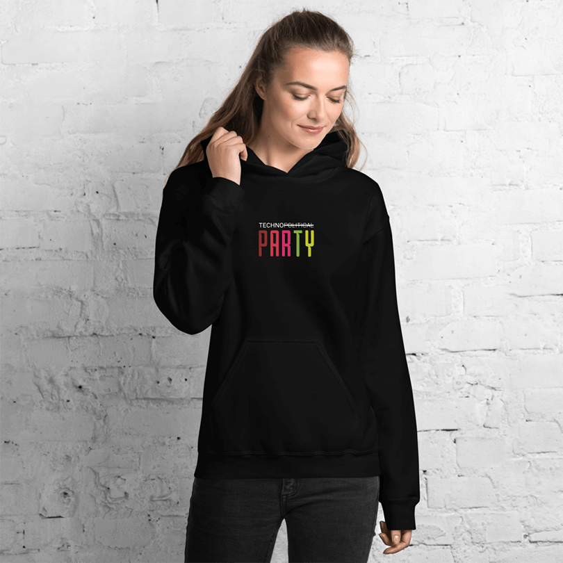 A black hoodie with designed text saying 'Technipolitical Party' with 'Political striked out, in technicolor.
